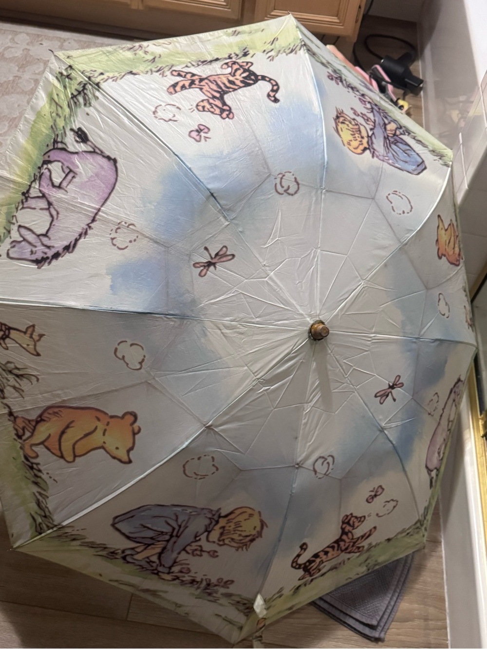 Vintage 1992 Disney Winnie The Pooh Eeyore Tigger Umbrella With Wooden Handle